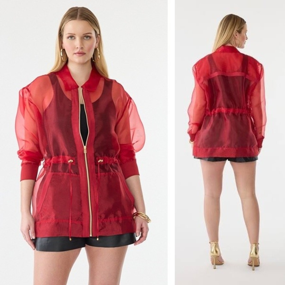 NWT GSTQ Sheer Cinched Jacket Size S Valentine Red Organza Sheer Full Zip Pocket